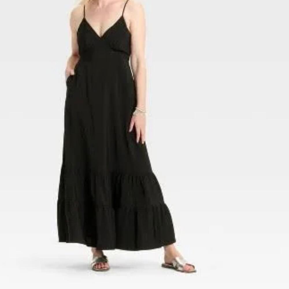 A New Day Tiered Black Maxi Dress Spaghetti Strap Tie Back Size XXL